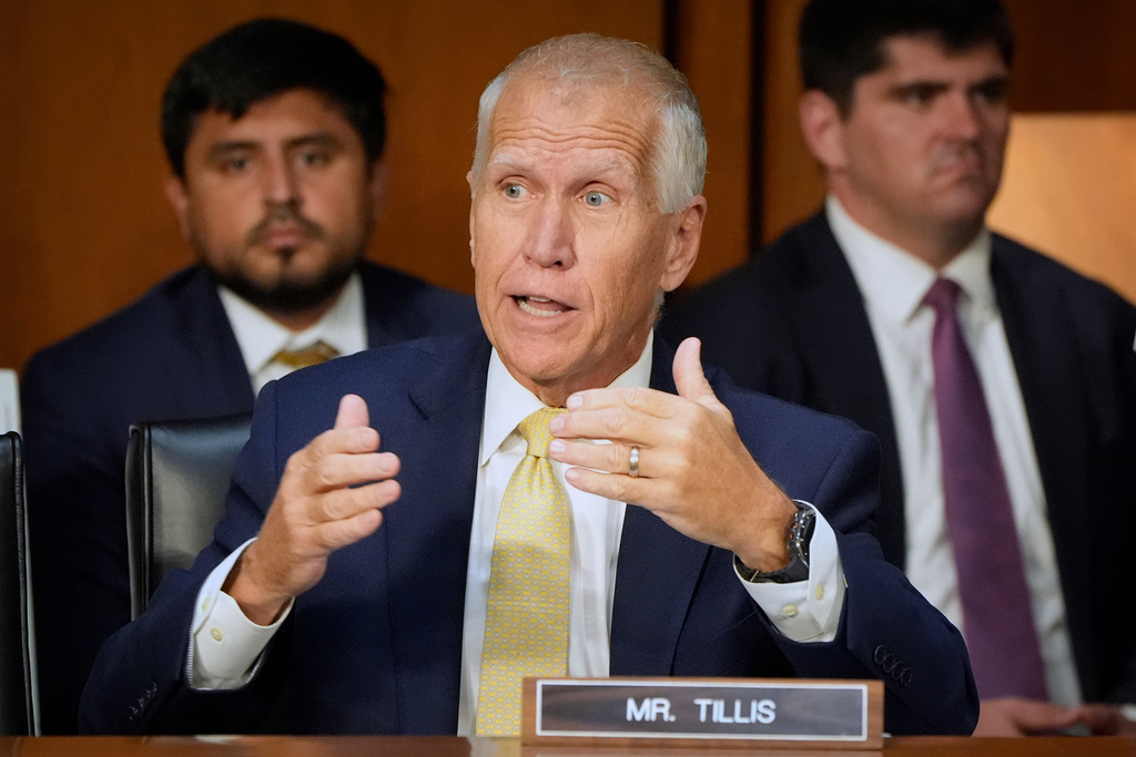 FILE - Sen. Thom Tillis, R-N.C., speaks during a Senate Judiciary Committee oversight hearing on Capitol Hill in Washington, Tuesday, Oct. 7, 2025. (AP Photo/Mark Schiefelbein, File)