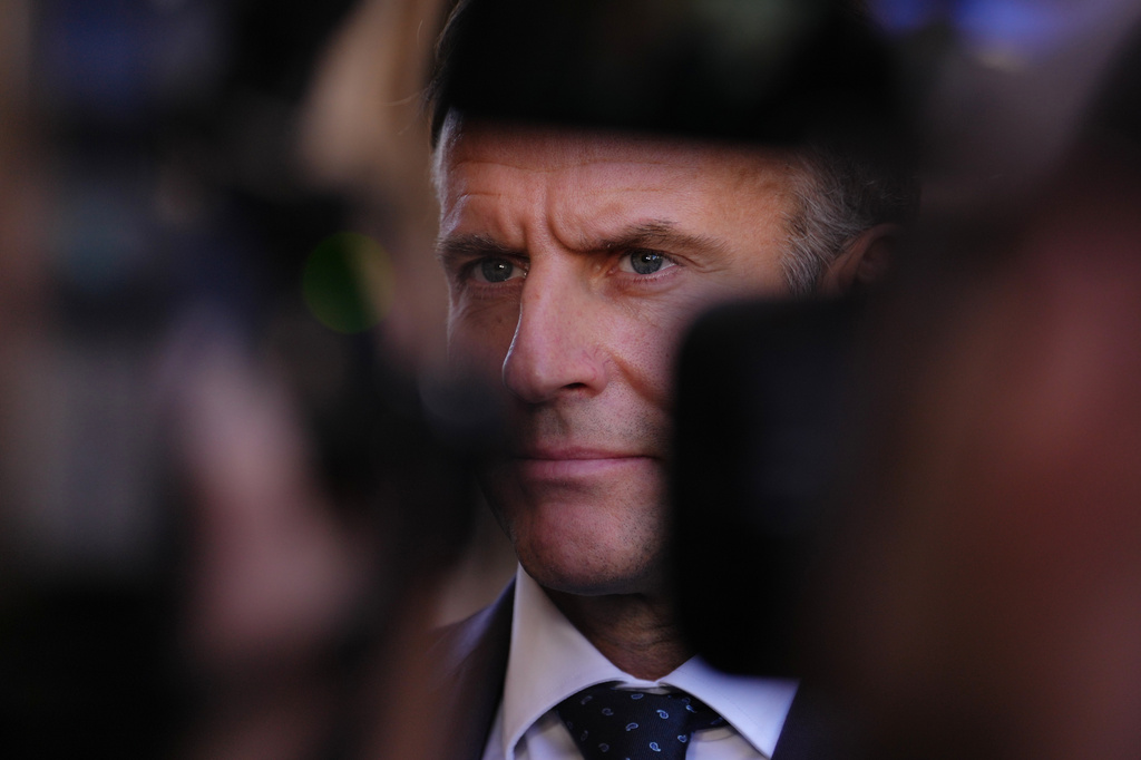 French President Emmanuel Macron addresses the media in Marseille, France, Monday, Oct. 26, 2026. (AP Photo/Aurelien Morissard, Pool)