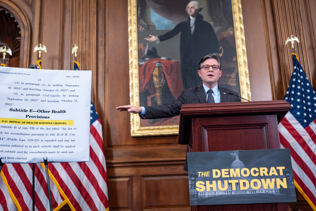 Speaker of the House Mike Johnson, R-La., holds a news conference on the 6th day of the government shutdown, at the Capitol in Washington, Monday, Oct. 6, 2025. Johnson is keeping the House out of session for the second week in a row during the shutdown. (AP Photo/J. Scott Applewhite)