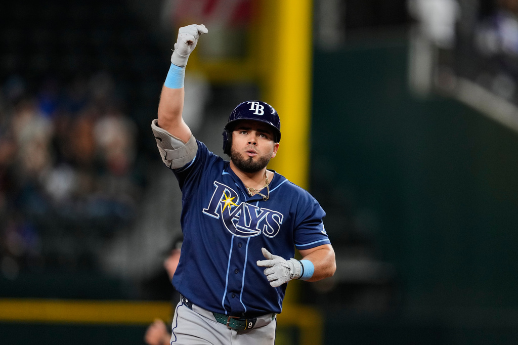 Tampa Bay Rays' Jonathan Aranda celebrates his three-run home run during the 10th inning of a baseball game against the Texas Rangers Saturday, Sept. 5, 2026, in Arlington, Texas. (AP Photo/Tony Gutierrez)