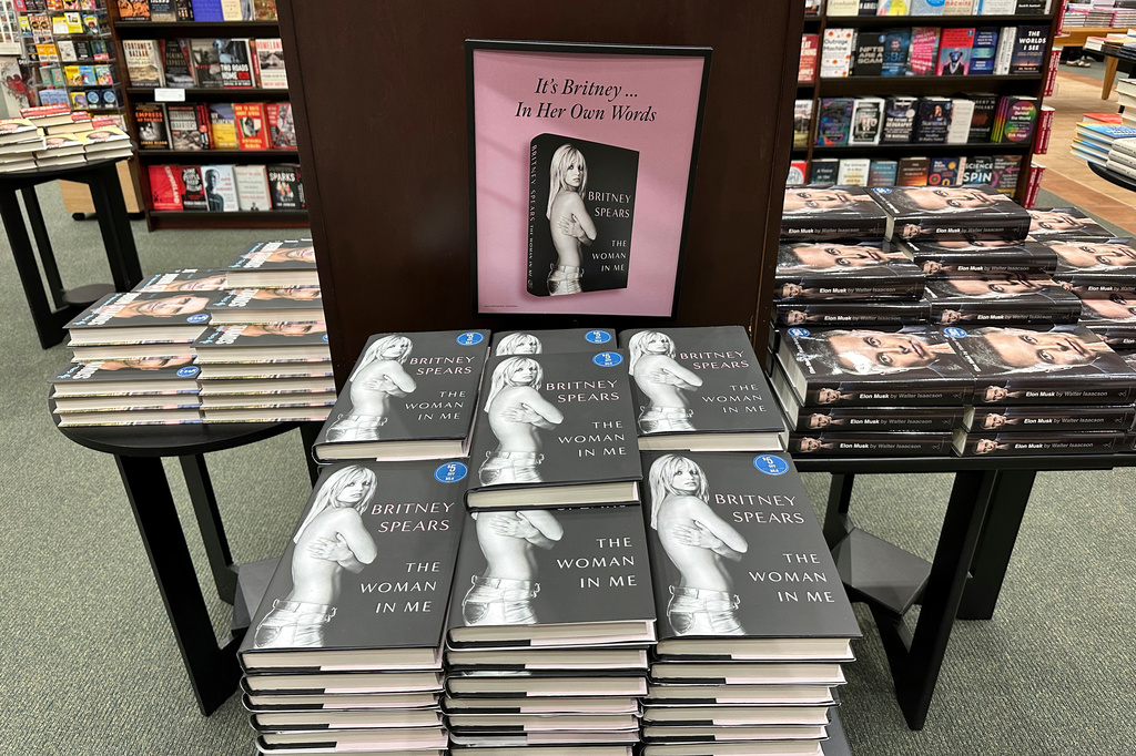 FILE - Britney Spears' memoir "The Woman in Me" is seen at a Barnes & Noble bookstore, in Clifton, N.J., on Nov. 2, 2023. (AP Photo/Ted Shaffrey, File)