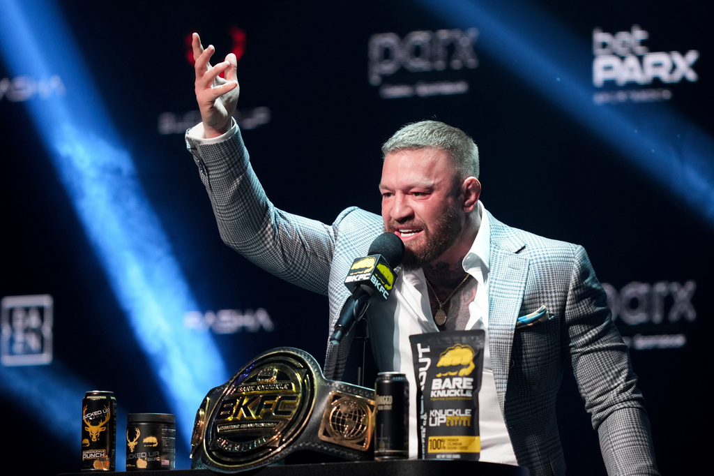 FILE - Conor McGregor speaks during a KnuckleMania V boxing news conference, on Jan. 23, 2025, in Bensalem, Pa. (AP Photo/Matt Rourke, File)