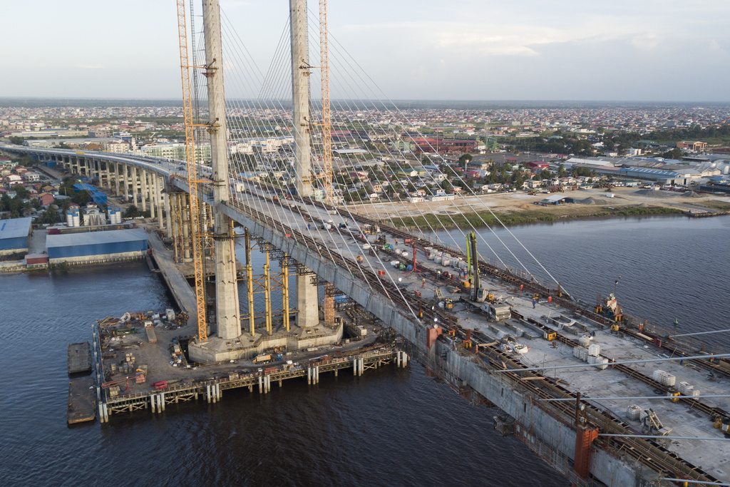 A bridge is built across the Demerara River in Georgetown, Guyana, Tuesday, Sept. 2, 2025. (AP Photo/Matias Delacroix)