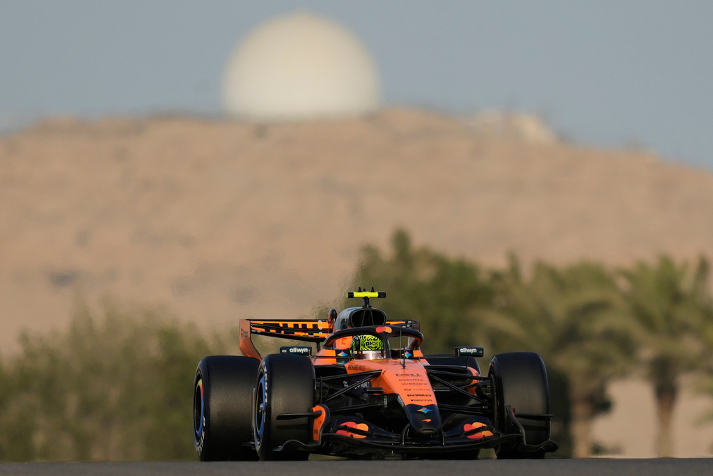 McLaren driver Lando Norris of Britain steers his car during a Formula One pre-season test at the Bahrain International Circuit in Sakhir, Bahrain, Wednesday, Feb. 11, 2026. (AP Photo/Altaf Qadri)