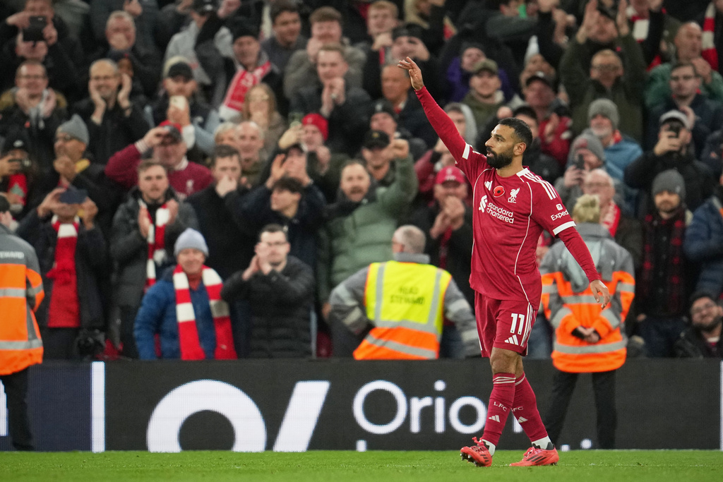 Liverpool's Mohamed Salah reacts during the English Premier League soccer match between Liverpool and Aston Villa in Liverpool, England, Saturday, Nov. 1, 2025. (AP Photo/Jon Super)
