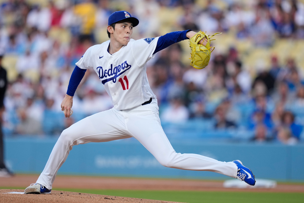 Los Angeles Dodgers starting pitcher Roki Sasaki throws to the plate during the first inning of a baseball game against the Los Angeles Angels, Friday, June 5, 2026, in Los Angeles. (AP Photo/Mark J. Terrill)
