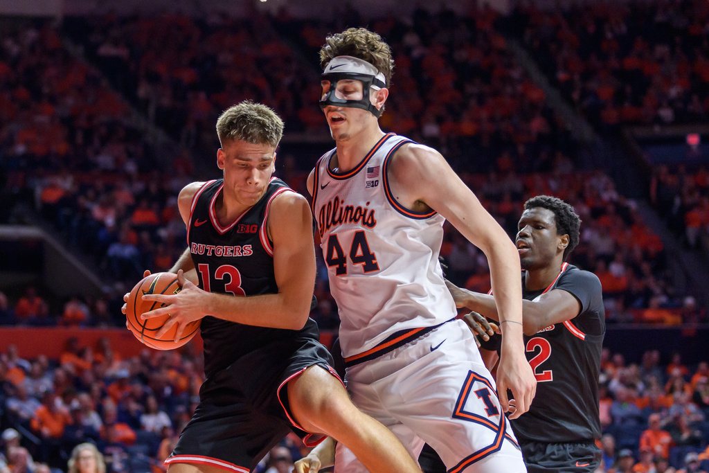 Rutgers' Harun Zrno fights for position against Illinois' Zvonimir Ivisic during an NCAA college basketball game Thursday, Jan. 8, 2026, in Champaign, Ill. (AP Photo/Craig Pessman)