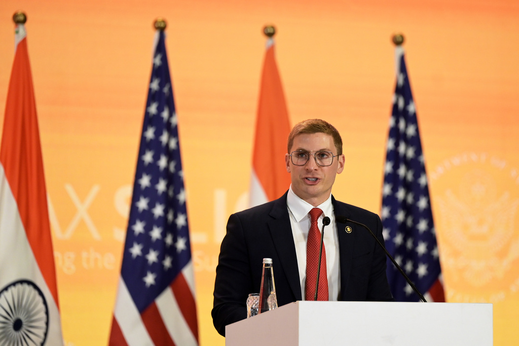 FILE - Under Secretary of State for Economic Affairs Jacob Helberg speaks at the AI Impact Summit in New Delhi, India, Feb. 20, 2026. (AP Photo, File)