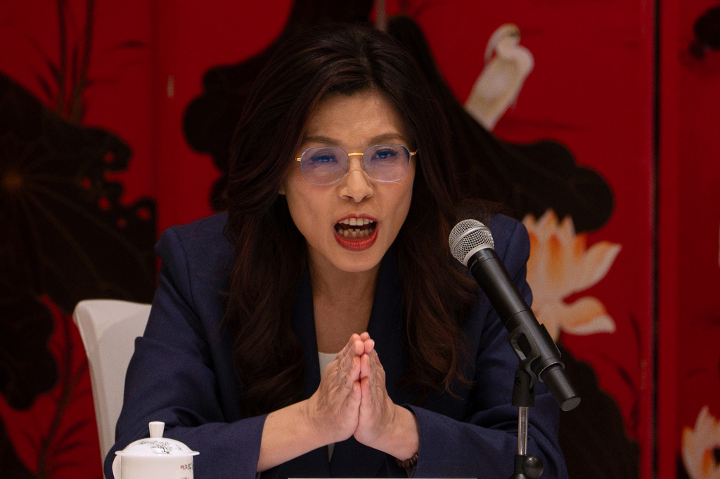 FILE - Taiwan's opposition Kuomintang (KMT) party leader Cheng Li-wun speaks during a news conference in Beijing, April 10, 2026. (AP Photo/Ng Han Guan)