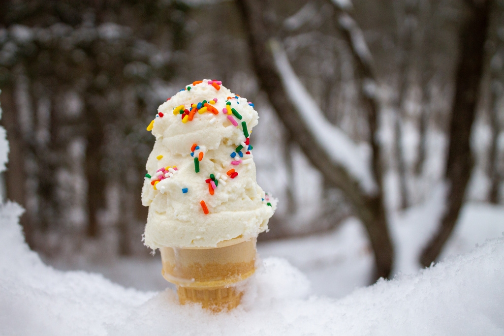 A cone of snow cream, made by mixing sweetened condensed milk with fresh snow, is seen Tuesday, Jan. 27, 2026, in Bow, N.H. (AP Photo/Holly Ramer)