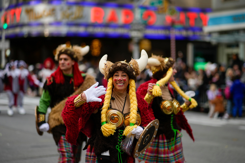 Viking clowns walk down Sixth Avenue during the Macy's Thanksgiving Day Parade, Thursday, Nov. 27, 2025, in New York. (AP Photo/Eduardo Munoz Alvarez)