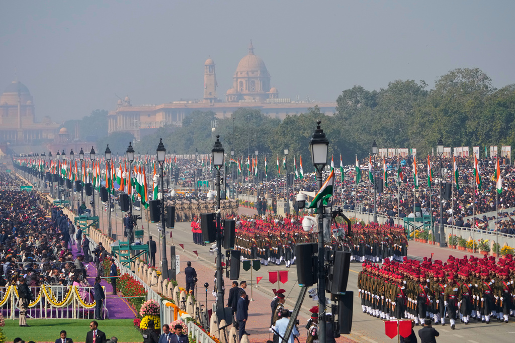 Indian military soldiers march during the Republic Day parade celebrations in New Delhi, India, Monday, Jan. 26, 2026. (AP Photo/Manish Swarup)