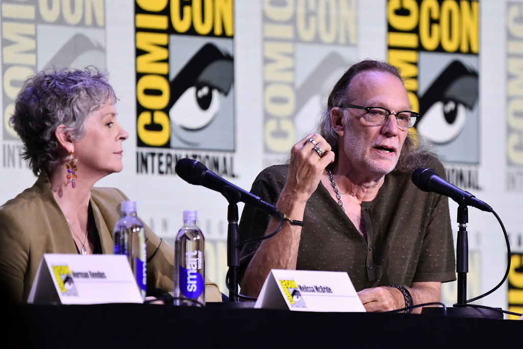 FILE. -Melissa McBride, left, and Greg Nicotero attend a panel for "The Walking Dead: Daryl Dixon" during Comic-Con International in San Diego on July 25, 2025. (Photo by Richard Shotwell/Invision/AP, File)