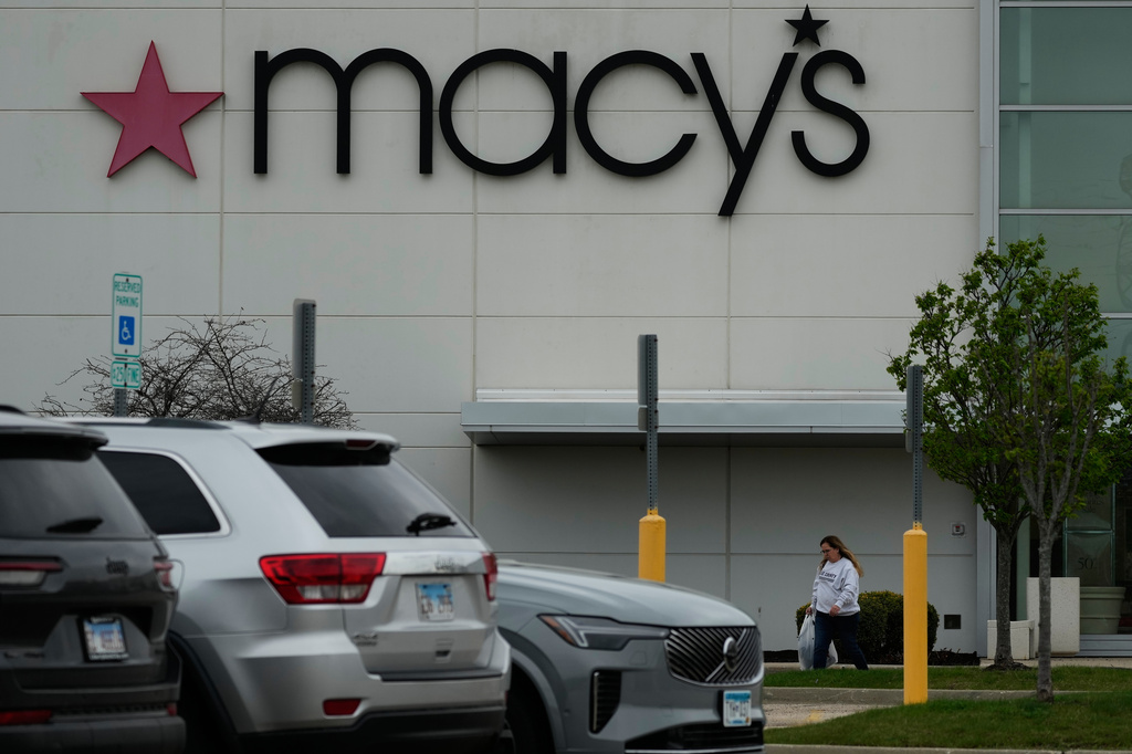 FILE - A Macy's sign is displayed outside the department store in Gurnee, Ill., Wednesday, April 15, 2026. (AP Photo/Nam Y. Huh, file)
