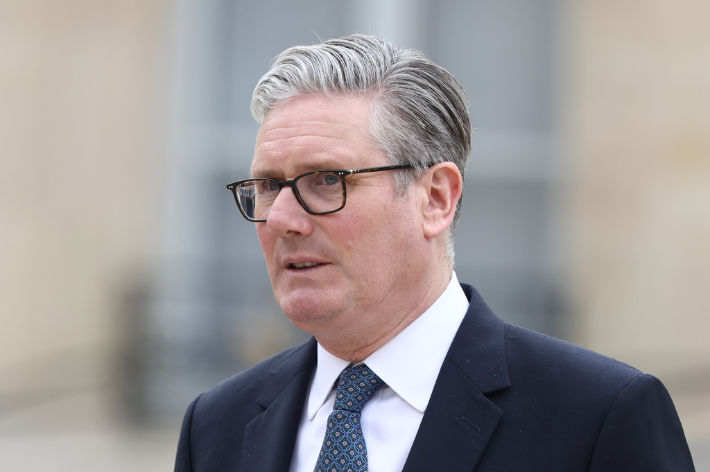 British Prime Minister Keir Starmer leaves after the multinational virtual summit and press conference at the Elysee Presidential Palace in Paris, Friday April 17, 2026 (Tom Nicholson/Pool Photo via AP)