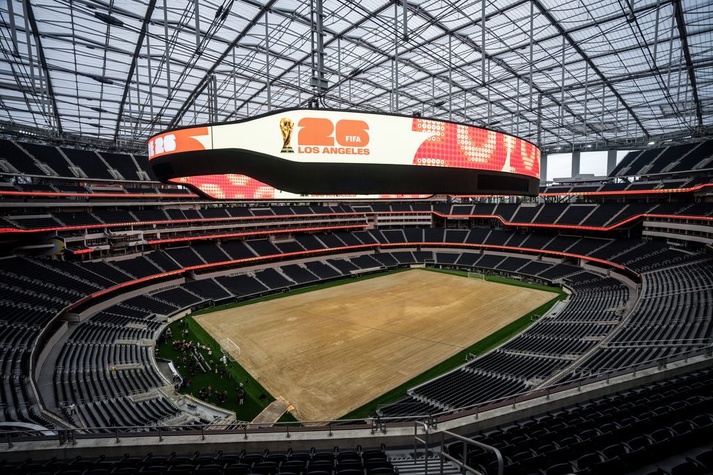 A general view shows SoFi Stadium in Inglewood, Calif., Tuesday, May 12, 2026, during a media event for the upcoming FIFA World Cup soccer tournament.. (AP Photo/Jae C. Hong)