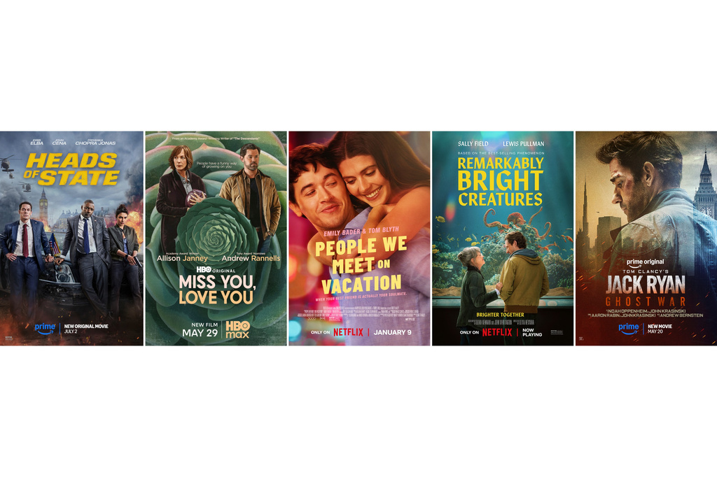 This combination of images show Emmy nominees for best TV movie, from left, "Heads of State," "Miss You, Love You," "People We Meet on Vacation," "Remarkably Bright Creatures," and "Tom Clancy's Jack Ryan: Ghost War." (Prime Video/HBO Max/Netflix/Netflix/Prime Video via AP)