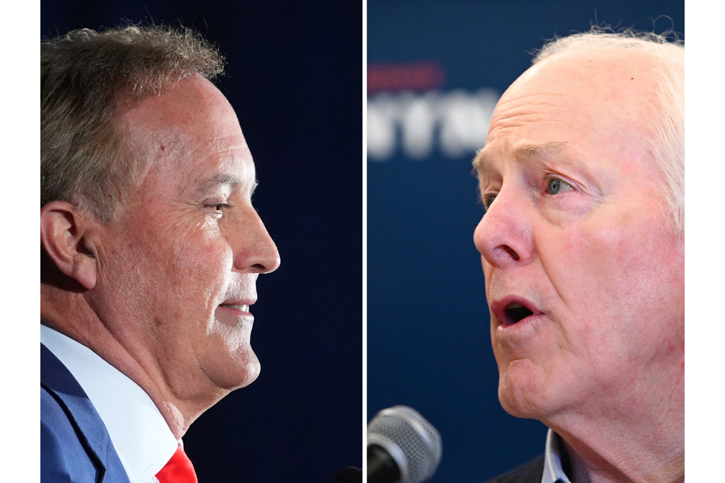 FILE - This photo combination shows Texas Attorney General Ken Paxton, left, in Dallas and Sen. John Cornyn, R-Texas, in Austin, Texas, both on March 3, 2026. (AP Photo/Julio Cortez, Jack Myer)