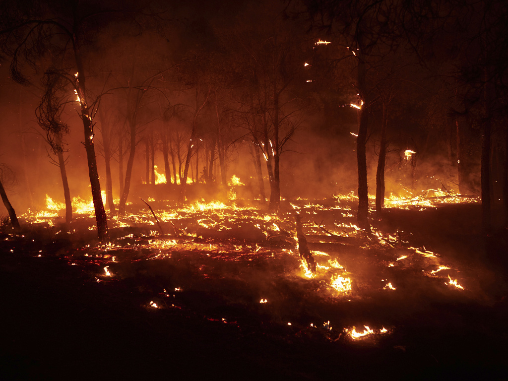 Burning trees are pictured during a wildfire in Carcastillo, northern Spain, Sunday, Aug. 10, 2025. (Eduardo Sanz/Europa Press via AP)