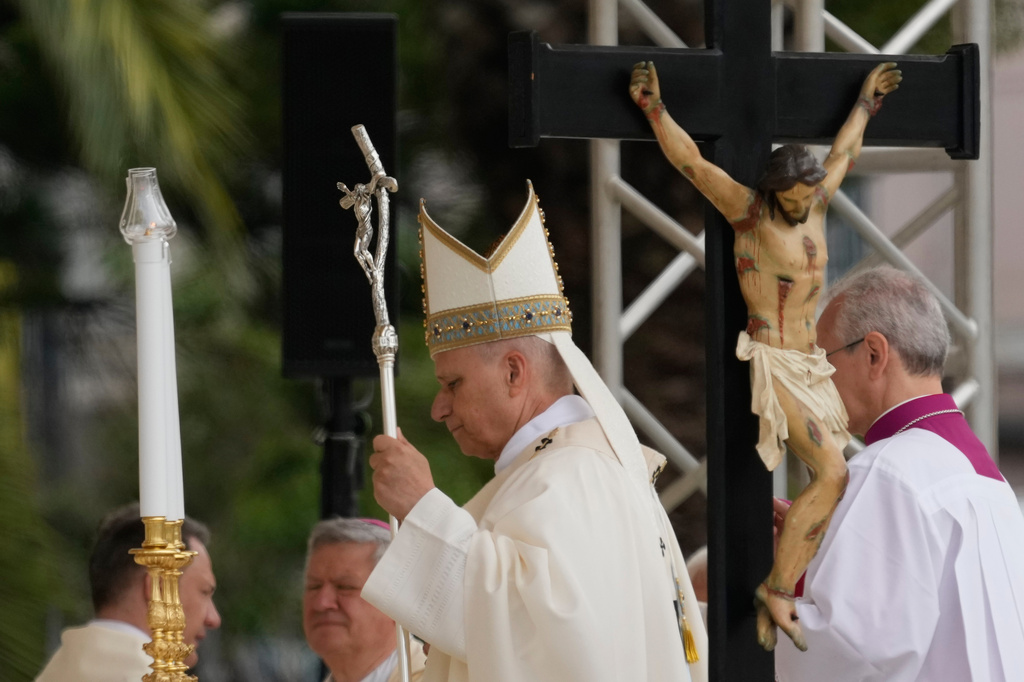Pope Leo XIV celebrates Mass in front of the Pompeii Shrine during his pastoral visit in Pompeii, Italy, Friday, May 8, 2026. (AP Photo/Gregorio Borgia)