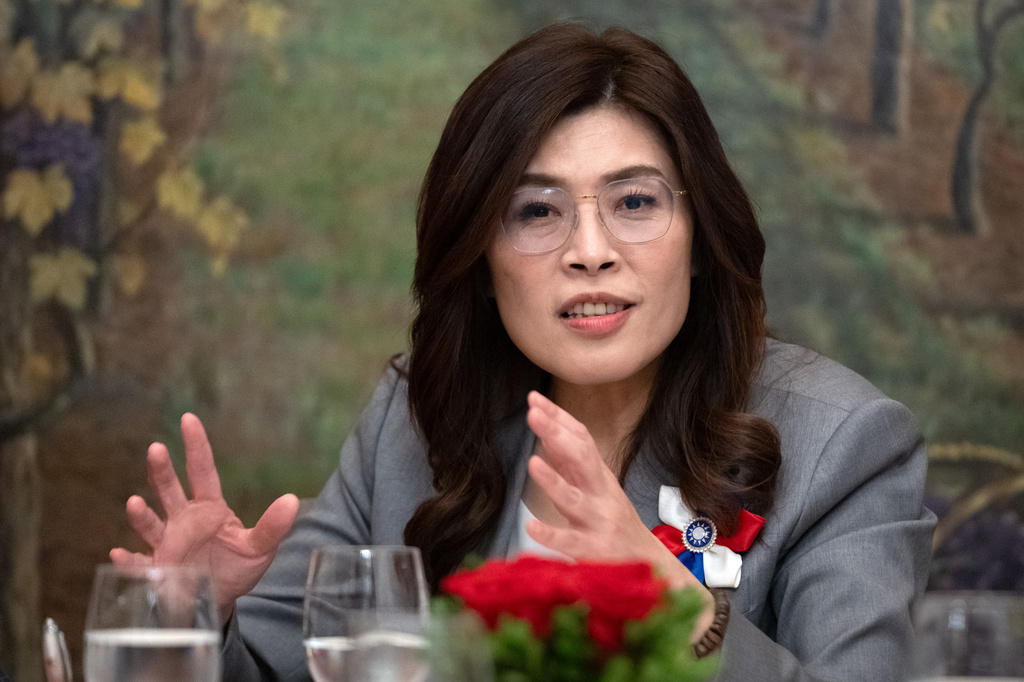 Cheng Li-wun, the chairperson of Taiwan's main opposition Nationalist Party, or Kuomintang (KMT), speaks with reporters during a news conference on Friday, June 12, 2026, in Washington. (AP Photo/Mark Schiefelbein)