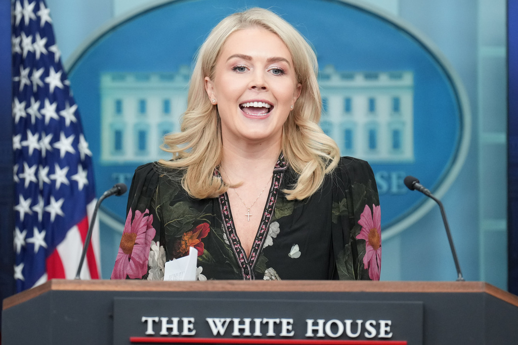 White House press secretary Karoline Leavitt speaks to reporters in the James Brady Press Briefing Room at the White House, Tuesday, Nov. 4, 2025, in Washington. (AP Photo/Jacquelyn Martin)