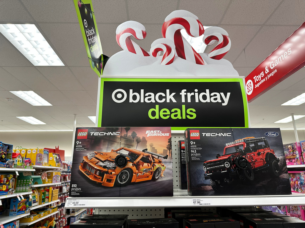 Sign marks special prices on toys as retailers roll out Black Friday deals, Wednesday, Nov. 26, 2025, in a Target store in southeast Denver. (AP Photo/David Zalubowski)