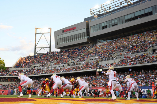 FILE - Birmingham Stallions quarterback J'Mar Smith, front right, collects the snap during the first half of a USFL football game against the Philadelphia Stars for the league championship, Sunday, July. 3, 2022, in Canton, Ohio. (AP Photo/David Dermer, File) FILE - Birmingham Stallions quarterback J'Mar Smith, front right, collects the snap during the first half of a USFL football game against the Philadelphia Stars for the league championship, Sunday, July. 3, 2022, in Canton, Ohio. (AP Photo/David Dermer, File)