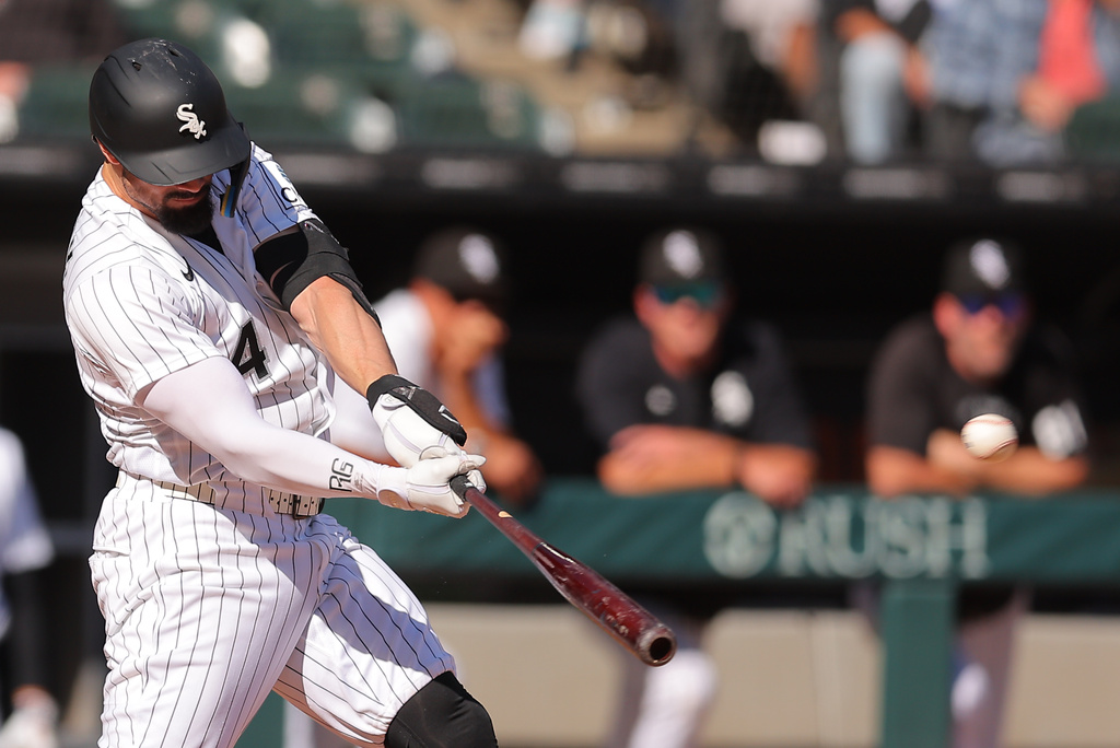 Chicago White Sox's Randal Grichuk hits a two-run home run during the third inning of a baseball game against the Colorado Rockies, Sunday, Sept. 27, 2026, in Chicago. (AP Photo/Melissa Tamez)
