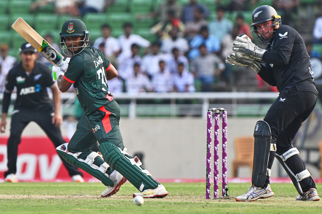 Bangladesh's Tanzid Hasan Tamim plays a shot during the second one day international cricket match between Bangladesh and New Zealand in Mirpur, Bangladesh, Monday, April 20, 2026. (AP Photo/Mosaraf Hossain)