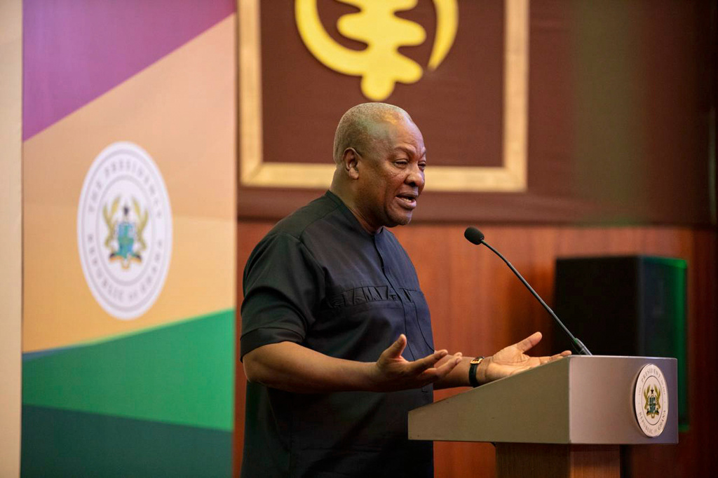 Ghana's President John Mahama speaks to the media at the Jubilee House in Accra, Ghana, Wednesday, Sept. 10, 2025. (Ghana Presidency via AP)