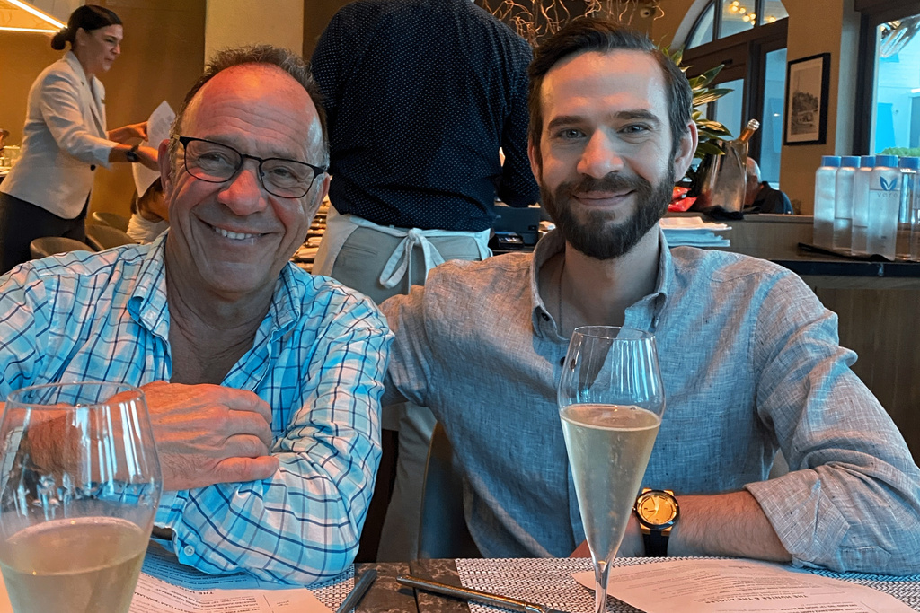 This undated image provided by Joel Gavalas shows shows Joel Gavalas with his son, Jonathan Gavalas. (Joel Gavalas via AP)