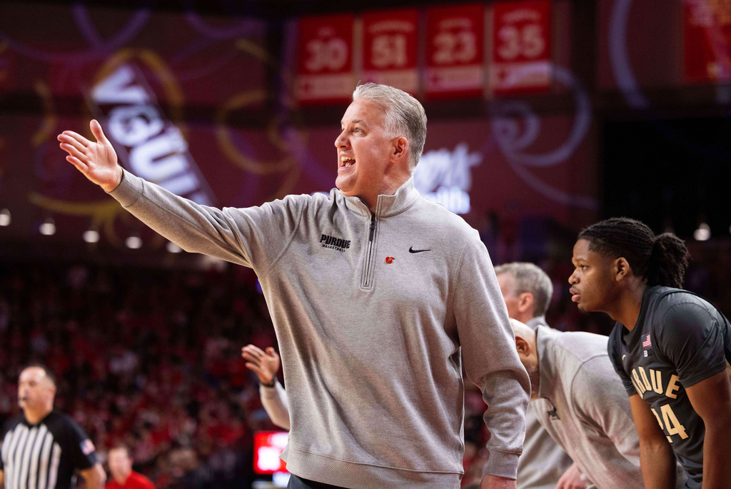 Purdue head coach Matt Painter protests a referee's call as his team plays against Nebraska during the first half of an NCAA college basketball game, Tuesday, Feb. 10, 2026, in Lincoln, Neb. (AP Photo/Rebecca S. Gratz)