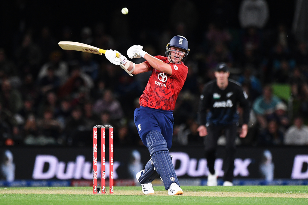 Sam Curran of England bats during the T20 cricket international between New Zealand and England in Christchurch, New Zealand, Saturday, Oct.18, 2025. (Chris Symes/Photosport via AP)