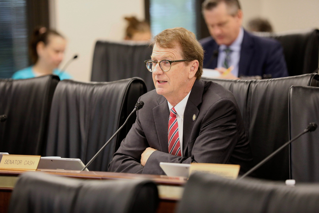 FILE - State Sen. Richard Cash, R-Powdersville, speaks during a South Carolina Senate Medical Affairs Committee meeting where the nomination of Dr. Edward Simmer to be the first director of the South Carolina Department of Public Health was given an unfavorable vote on Thursday, April 3, 2025, in Columbia, S.C. (AP Photo/Jeffrey Collins, File)