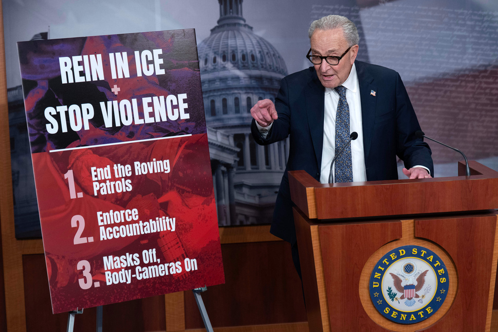 Senate Minority Leader Chuck Schumer, D-N.Y., speaks during a news conference at the Capitol in Washington, Friday, Jan. 30, 2026. The Senate voted Friday to fund most of the government through the end of September after President Donald Trump made a deal with Democrats to carve out Homeland Security funding and allow Congress to debate new restrictions on federal immigration raids across the country. (AP Photo/Jose Luis Magana)
