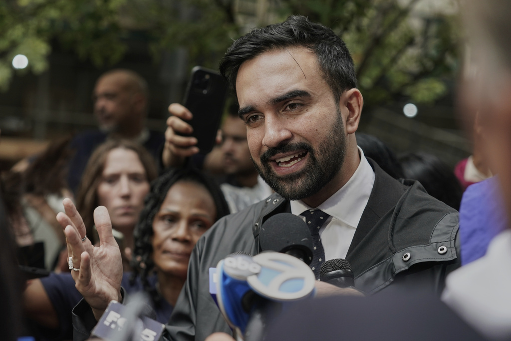 New York mayoral candidate Zohran Mamdani speaks at a rally with Hotel & Gaming Trades Council workers, in New York, Wednesday, Aug. 20, 2025. (AP Photo/Richard Drew)