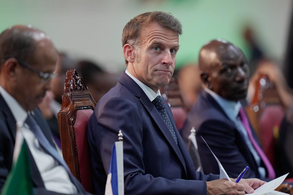 France's President Emmanuel Macron attends the Africa Forward Summit at the Kenyatta International Convention Centre in Nairobi, Kenya, Tuesday, May 12, 2026. (AP Photo/Brian Inganga)
