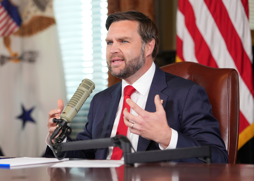Vice President JD Vance hosts an episode of "The Charlie Kirk Show" at the White House, following the assassination of the show's namesake, Monday, Sept., 15, 2025, in Washington. (Doug Mills/The New York Times via AP, Pool)