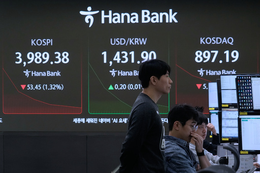 Currency traders watch monitors near a screen showing the Korea Composite Stock Price Index (KOSPI), left, and the foreign exchange rate between U.S. dollar and South Korean won, center, at the foreign exchange dealing room of the Hana Bank headquarters in Seoul, South Korea, Tuesday, Oct. 28, 2025. (AP Photo/Ahn Young-joon) Currency traders watch monitors near a screen showing the Korea Composite Stock Price Index (KOSPI), left, and the foreign exchange rate between U.S. dollar and South Korean won, center, at the foreign exchange dealing room of the Hana Bank headquarters in Seoul, South Korea, Tuesday, Oct. 28, 2025. (AP Photo/Ahn Young-joon)
