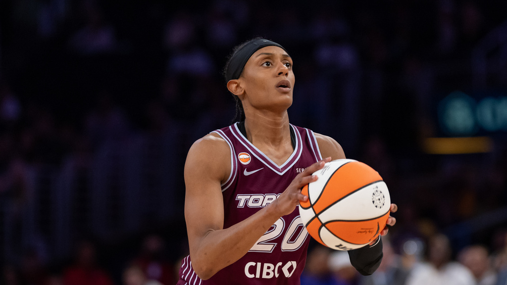 FILE - Toronto Tempo guard Brittney Sykes against the Los Angeles Sparks during a WNBA basketball game in Los Angeles, May 15, 2026. (AP Photo/Jeff Lewis, file)