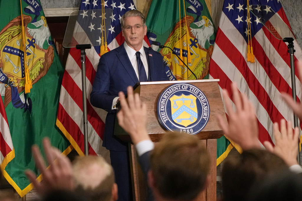 Treasury Secretary Scott Bessent speaks at a news conference, Monday, Aug. 24, 2026, at the Treasury Department in Washington. (AP Photo/Julia Demaree Nikhinson)