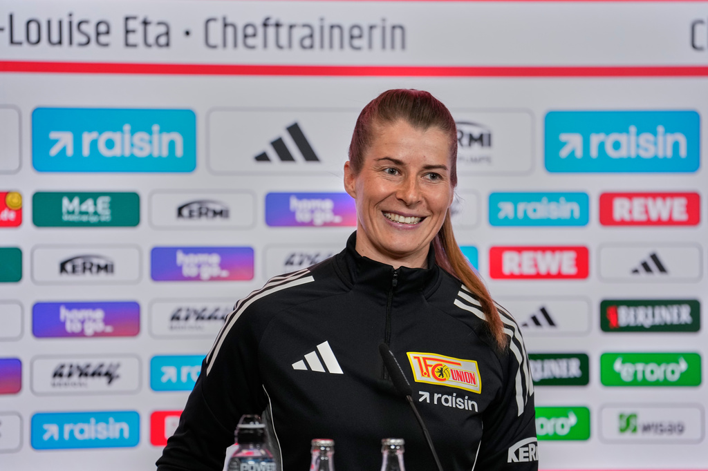 New head coach of German Bundesliga soccer club 1. FC Union Berlin Marie-Louise Eta attends a press conference in Berlin, Germany, Thursday, April 16, 2026. (AP Photo/Ebrahim Noroozi)