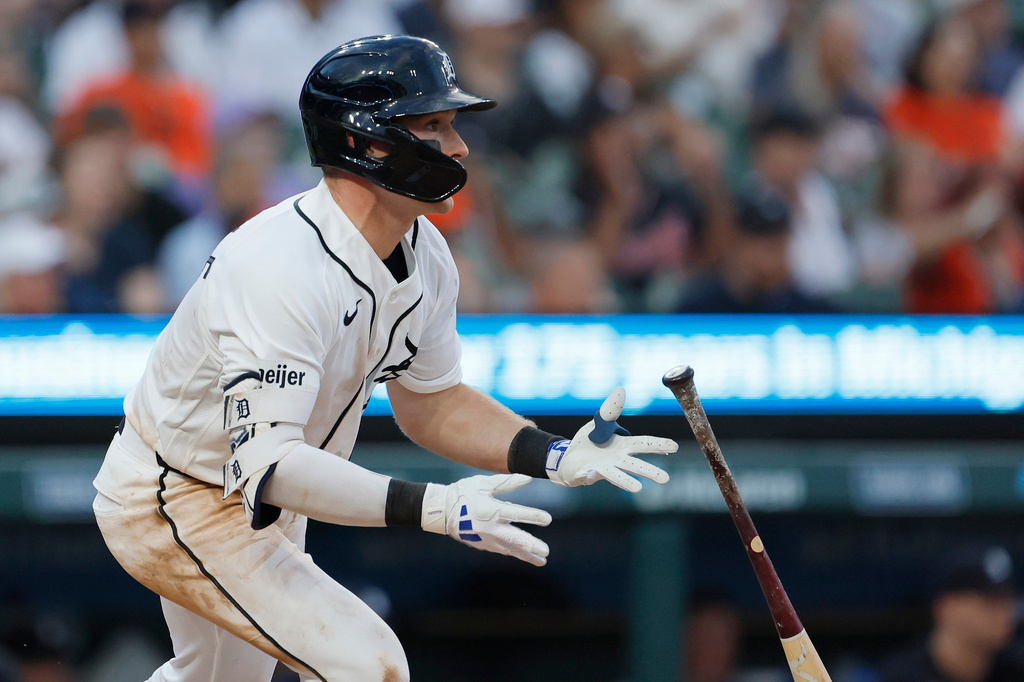 Detroit Tigers' Kevin McGonigle watches his single that drives in Matt Vierling against the Athletics during the sixth inning of a baseball game Tuesday, July 7, 2026, in Detroit. (AP Photo/Duane Burleson)