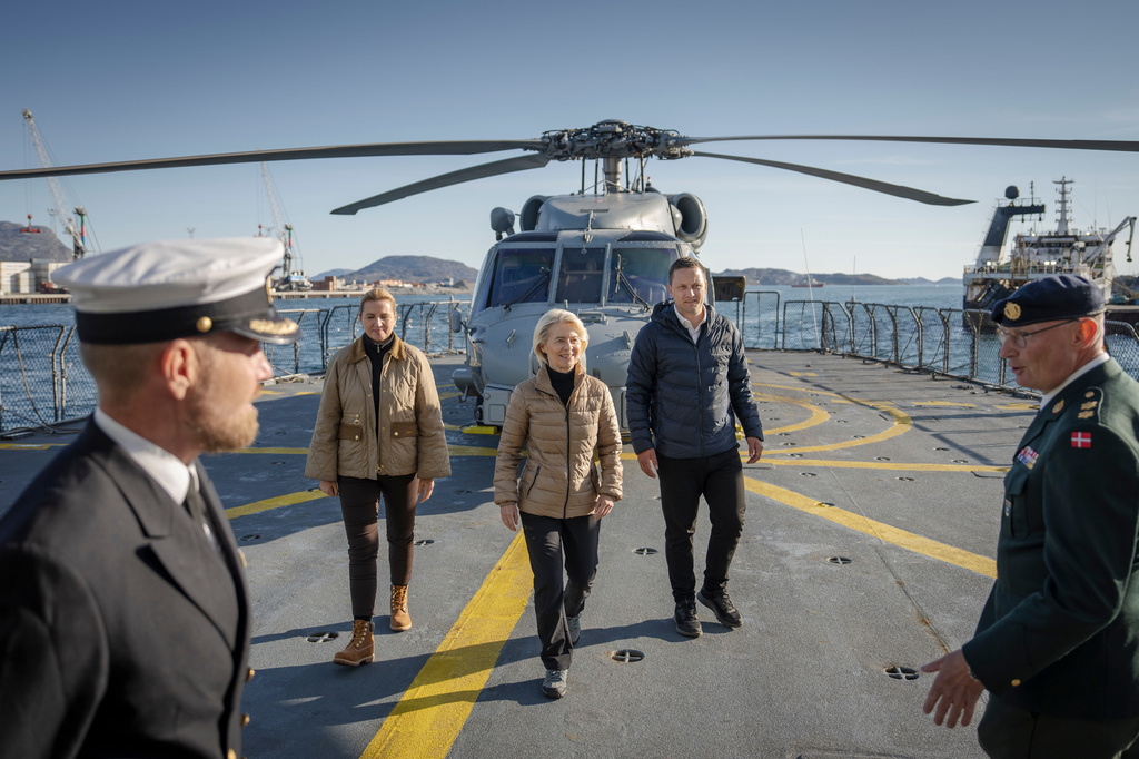 Denmark’s Prime Minister Mette Frederiksen, second left, European Commission President Ursula von der Leyen, center, and Greenlandic Prime Minister Jens-Frederik Nielsen, second right, visit a ship, Thetis in Nuuk, Greenland Sunday, Sept. 6, 2026. (Mads Claus Rasmussen/Ritzau Scanpix via AP)