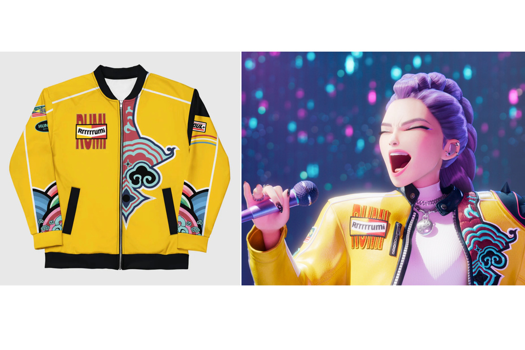 This product image released by Netflix shows a jacket worn by the character Rumi, right, in the animated film "KPop Demon Hunters." (Netflix via AP)