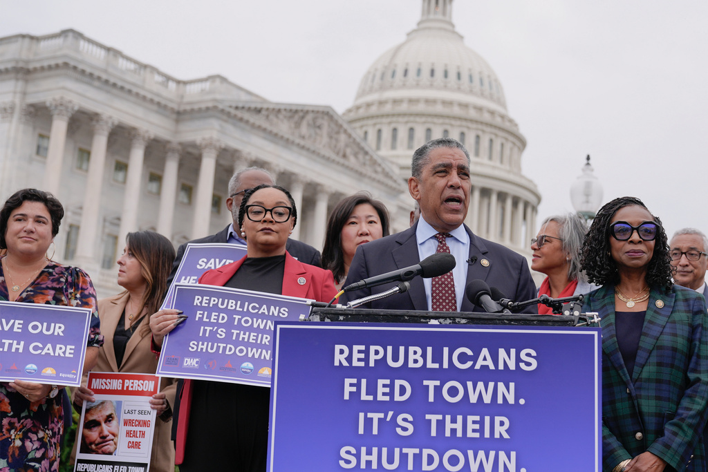 Rep. Adriano Espailat D-N.Y., speaks during a news conference on the impact of government shutdown on Americans health care, Tuesday, Sept. 30, 2025, at the Capitol in Washington. (AP Photo/Mariam Zuhaib)