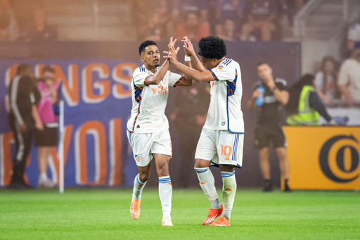 FC Cincinnati forward Brenner, left, celebrates with midfielder Evander (10) after scoring during the second half of an MLS soccer match against CF Montréal, Saturday, Oct. 18, 2025, in Cincinnati. (AP Photo/Tanner Pearson) FC Cincinnati forward Brenner, left, celebrates with midfielder Evander (10) after scoring during the second half of an MLS soccer match against CF Montréal, Saturday, Oct. 18, 2025, in Cincinnati. (AP Photo/Tanner Pearson)