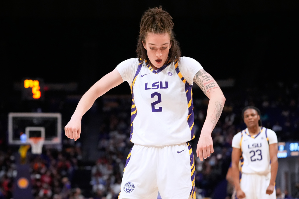 LSU forward Grace Knox (2) reacts after blocking a shot against Alcorn State in the first half an NCAA college basketball game in Baton Rouge, La., Thursday, Nov. 20, 2025. (AP Photo/Gerald Herbert)