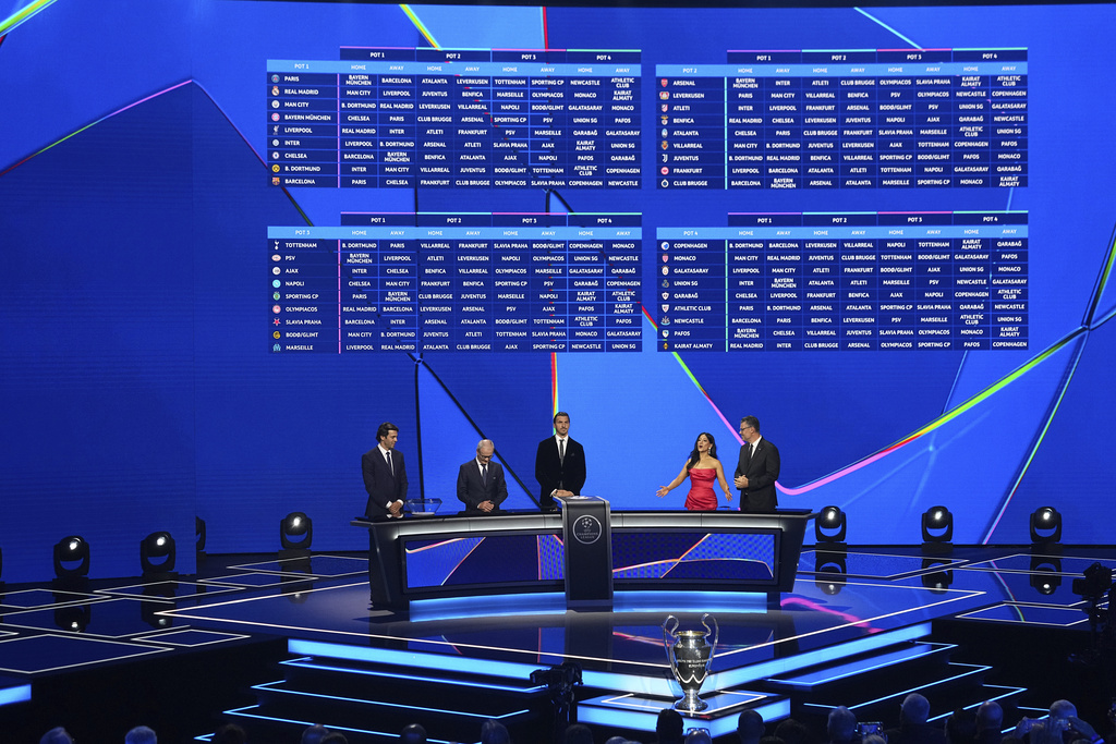 The final results are seen on a screen after the Champions League soccer league phase draw in Monaco, Thursday, Aug. 28, 2025. (AP Photo/Laurent Cipriani)
